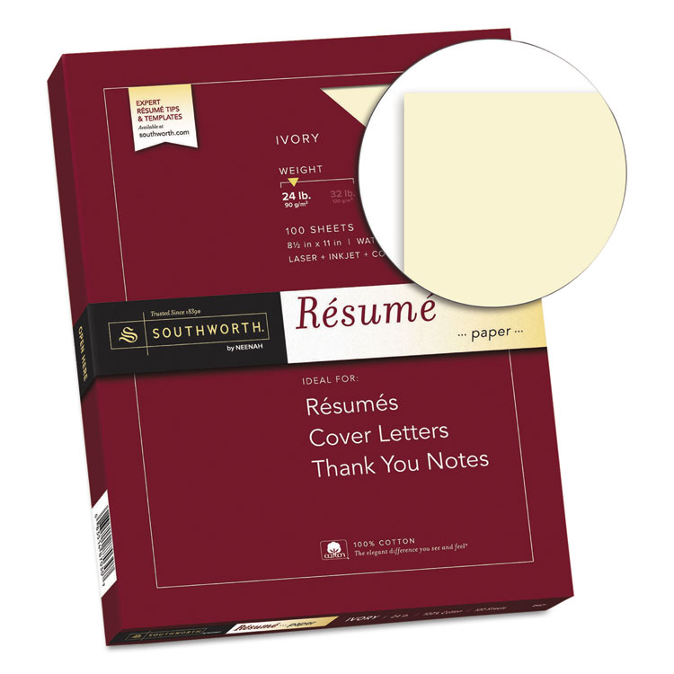 Southworth 100% Cotton Resume Paper, 24 lb Bond Weight, 8.5 x 11, Ivory, 100/Pack (SOUR14ICF)