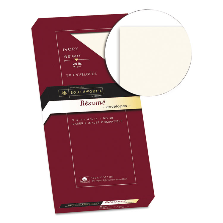 Southworth 100% Cotton Resume Envelope, #10, Commercial Flap, Gummed Closure, 4.13 x 9.5, Ivory, 50/Box (SOUR14I10L)