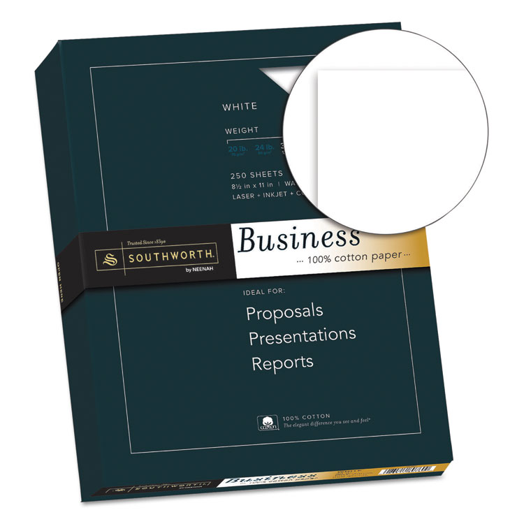 Southworth 100% Cotton Business Paper, 95 Bright, 32 lb Bond Weight, 8.5 x 11, White, 250/Pack (SOUJD18C)