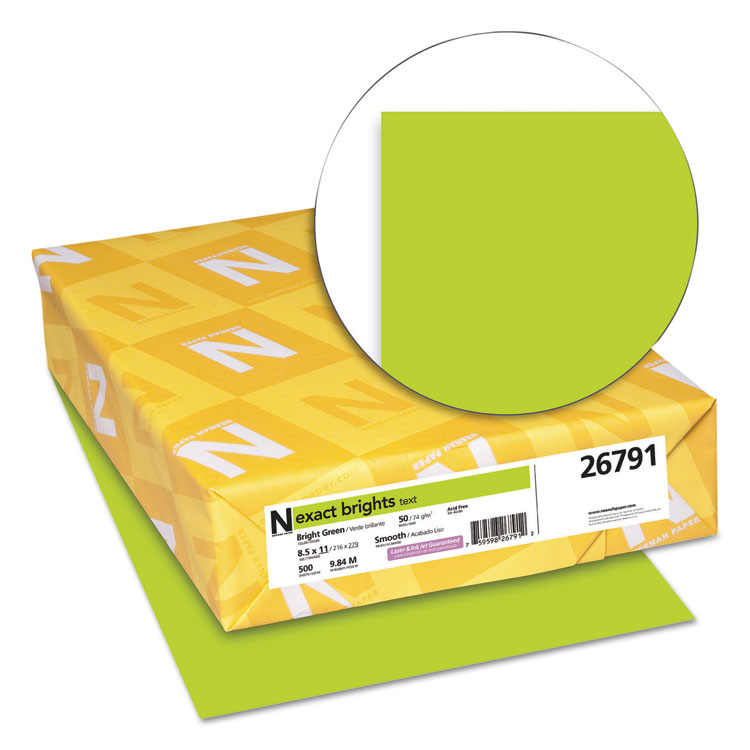 Neenah Paper Exact Brights Paper, 20 lb Bond Weight, 8.5 x 11, Bright Green, 500/Ream (WAU26791)
