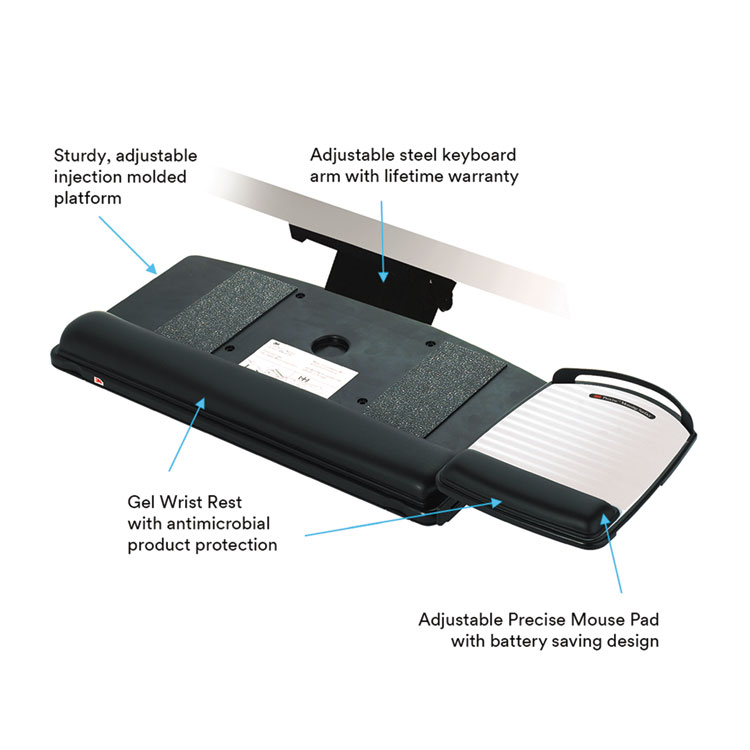 3M Easy Adjust Keyboard Tray, Highly Adjustable Platform, 23" Track, Black (MMMAKT150LE)