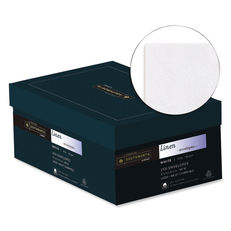 Southworth 25% Cotton Linen #10 Envelope, Commercial Flap, Gummed Closure, 4.13 x 9.5, White, 250/Box (SOUJ55410)