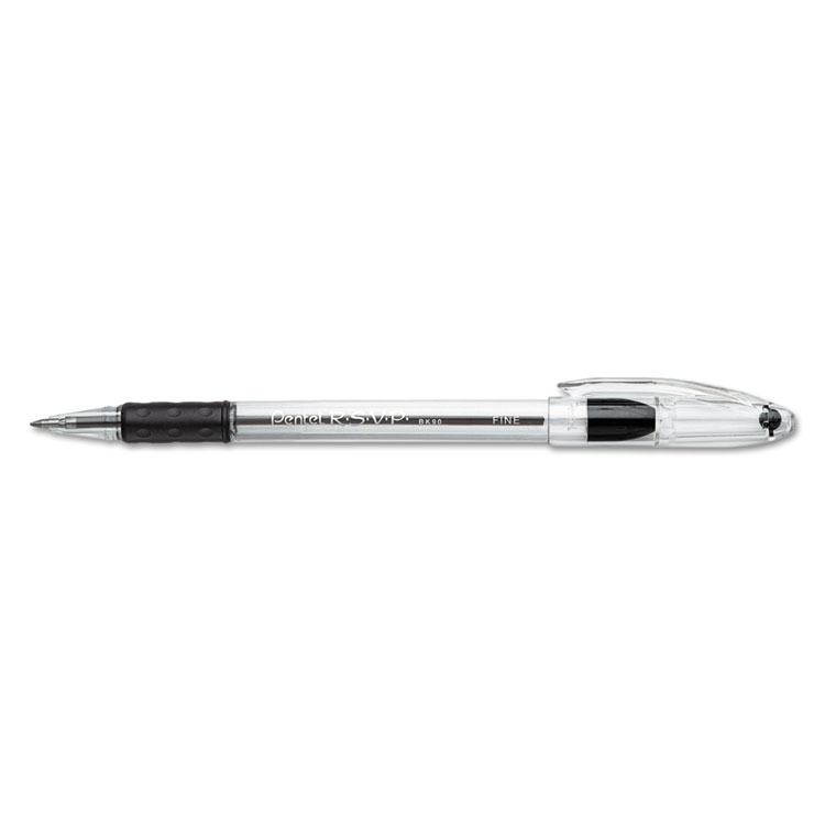 Pentel R.S.V.P. Ballpoint Pen, Stick, Fine 0.7 mm, Black Ink, Clear/Black Barrel, Dozen (PENBK90A)