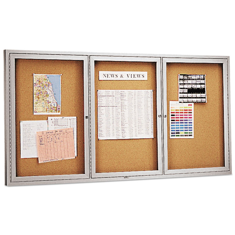 Quartet Enclosed Indoor Cork Bulletin Board with Three Hinged Doors, 72 x 36, Tan Surface, Silver Aluminum Frame (QRT2366)