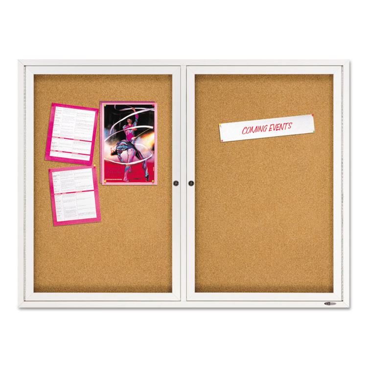 Quartet Enclosed Indoor Cork Bulletin Board with Two Hinged Doors, 48 x 36, Tan Surface, Silver Aluminum Frame (QRT2364)