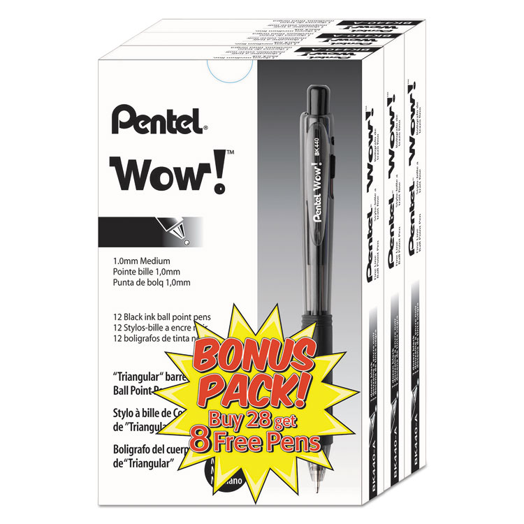 Pentel WOW! Ballpoint Pen Value Pack, Retractable, Medium 1 mm, Black Ink, Smoke/Black Barrel, 36/Pack (PENBK440ASWUS)