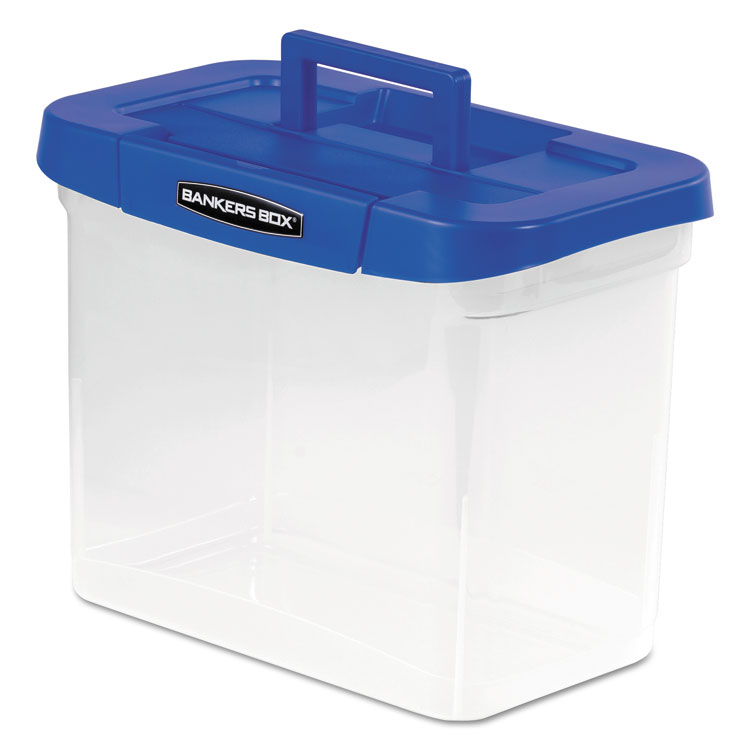Bankers Box Heavy-Duty Portable File Box, Letter Files, 14.25" x 8.63" x 11.06", Clear/Blue (FEL0086301)