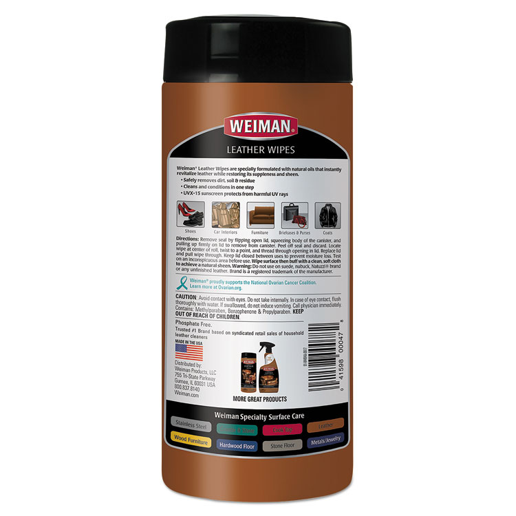 WEIMAN Leather Wipes, 1-Ply, 7 x 8, White, 30/Canister, 4 Canisters/Carton (WMN91CT)