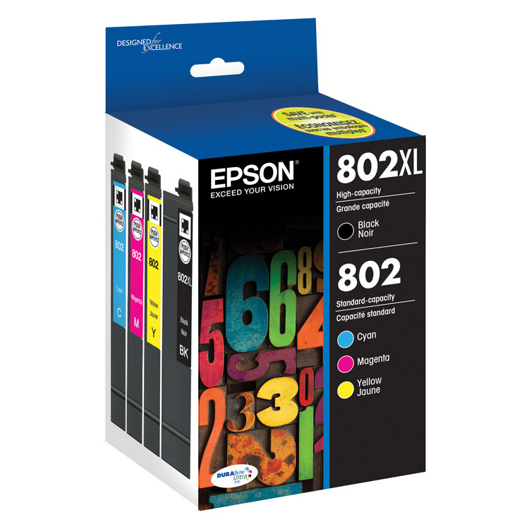 Epson T802XL-BCS (802/802XL) DURABrite Ultra High-Yield Ink, 2,600 Page-Yield, Black/Cyan/Magenta/Yellow (EPST802XLBCS)