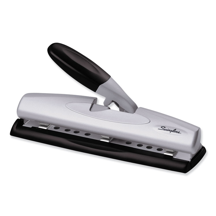 Swingline 12-Sheet LightTouch Desktop Two- to Three-Hole Punch, 9/32" Holes, Black/Silver (SWI74026)