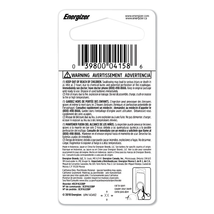 Energizer 1632 Lithium Coin Battery, 3 V (EVEECR1632BP)