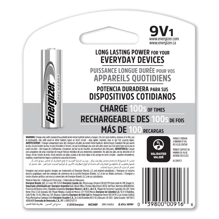 Energizer NiMH Rechargeable 9V Batteries (EVENH22NBP)