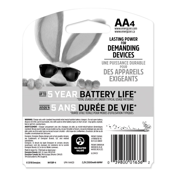 Energizer NiMH Rechargeable AA Batteries, 1.2 V, 4/Pack (EVENH15BP4)