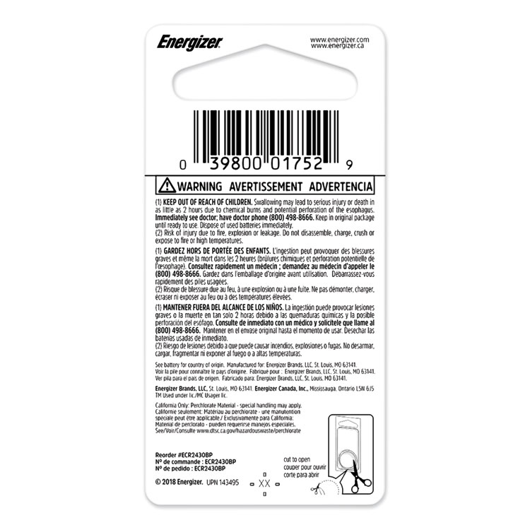 Energizer 2430 Lithium Coin Battery, 3 V (EVEECR2430BP)