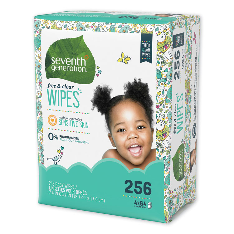 Seventh Generation Free and Clear Baby Wipes, Refill, 7 x 7, Unscented, White, 256/Pack (SEV34219)