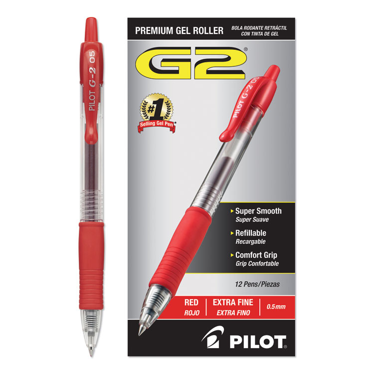 Pilot G2 Premium Gel Pen, Retractable, Extra-Fine 0.5 mm, Red Ink, Smoke/Red Barrel, Dozen (PIL31004)