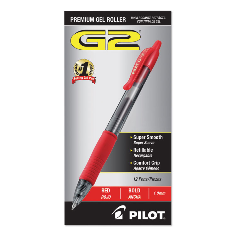 Pilot G2 Premium Gel Pen, Retractable, Bold 1 mm, Red Ink, Smoke/Red Barrel, Dozen (PIL31258)