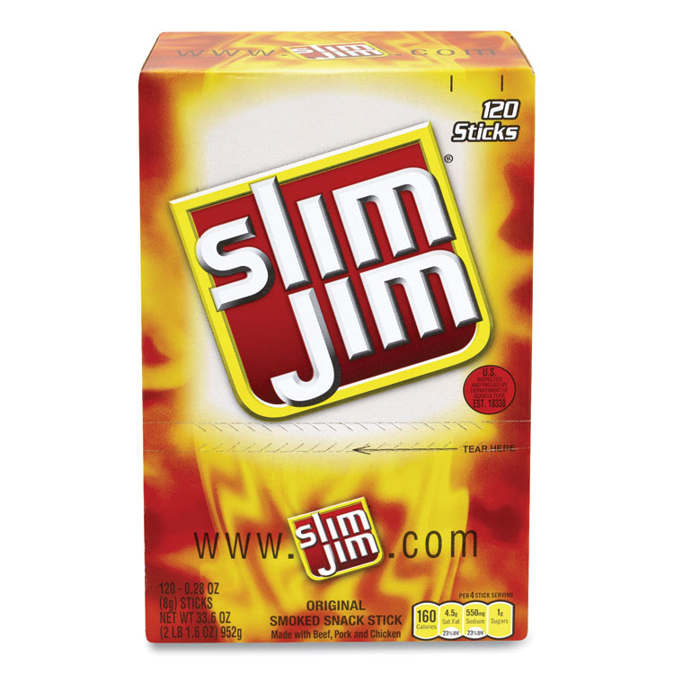 Slim Jim Beef Jerky Meat Sticks Original, 0.28 oz Stick, 120 Sticks/Box (GRR22000065)