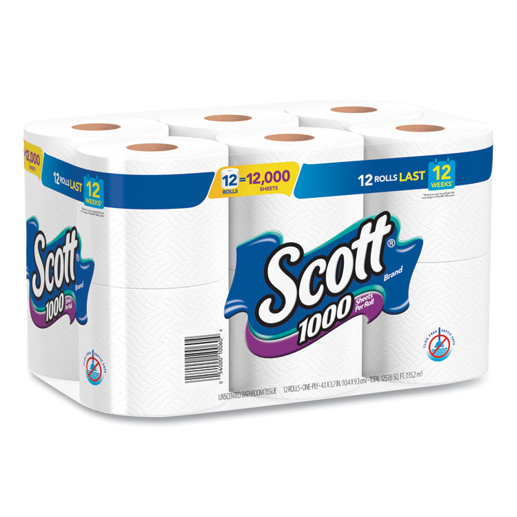 Scott Toilet Paper, Septic Safe, 1-Ply, White, 1,000 Sheets/Roll, 12 Rolls/Pack, 4 Pack/Carton (KCC10060)
