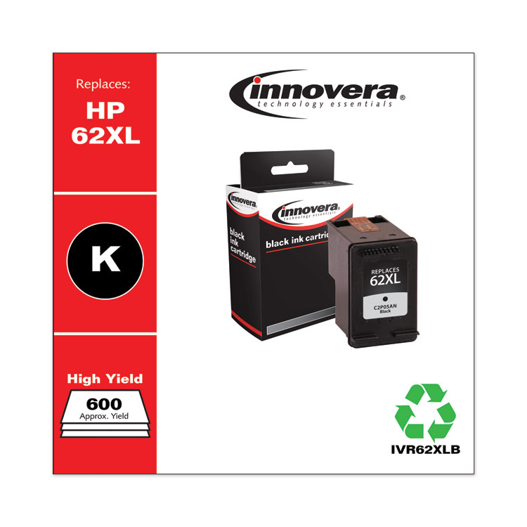 Innovera Remanufactured Black High-Yield Ink, Replacement for 62XL (C2P05AN), 600 Page-Yield (IVR62XLB)