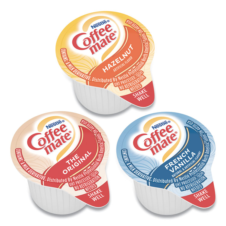 Coffee mate Liquid Coffee Creamer, French Vanilla/Hazelnut/Original, 0.38 oz Mini Cups, 150 Cups/Carton (NES46193CT)