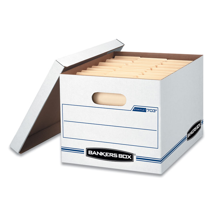 Bankers Box STOR/FILE Basic-Duty Storage Boxes, Letter/Legal Files, 12.5" x 16.25" x 10.5", White/Blue, 12/Carton (FEL00703)