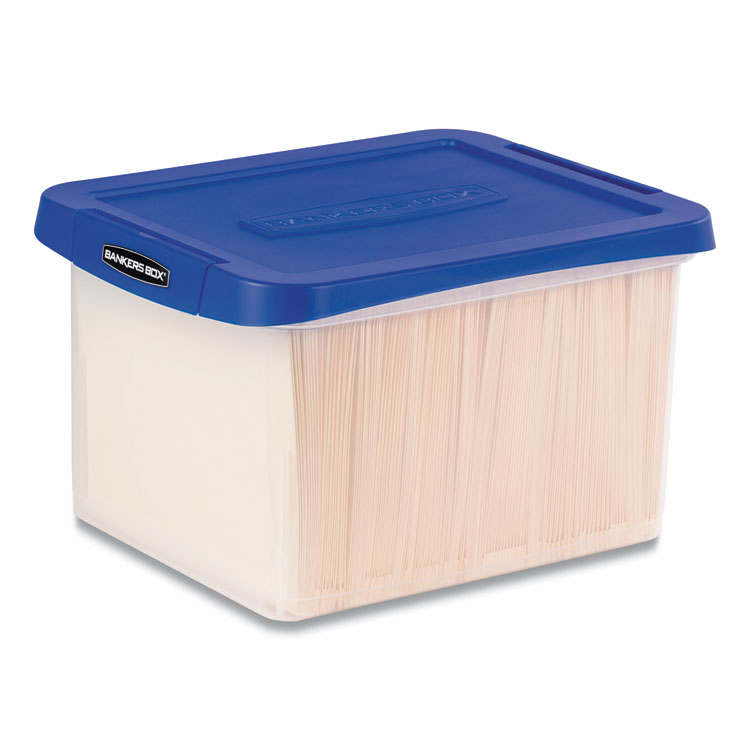 Bankers Box Heavy Duty Plastic File Storage, Letter/Legal Files, 14" x 17.38" x 10.5", Clear/Blue (FEL0086201)