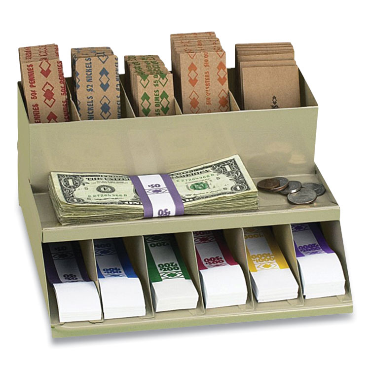 CONTROLTEK Coin Wrapper and Bill Strap 2-Tier Rack, 11 Compartments, 9.38 x 8.13 4.63, Plastic, Pebble Beige (CNK500013)