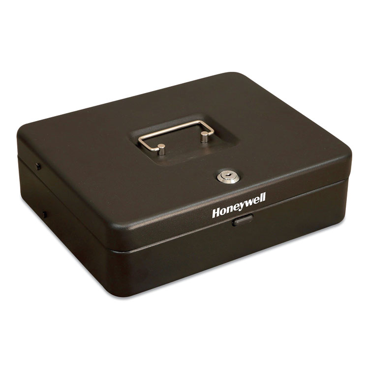 Honeywell Tiered CantiDoor Lever Cash Box, 4 Bill, 5 Coin Slots, Key Lock, 11.9 x 9.7 x 3.5, Steel, Black (HWL6213)
