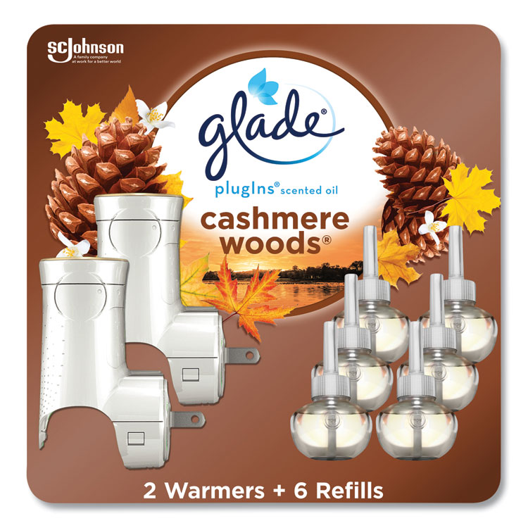 Glade Plugin Scented Oil, Cashmere Woods, 0.67 oz, 2 Warmers and 6 Refills/Pack (SJN323015)