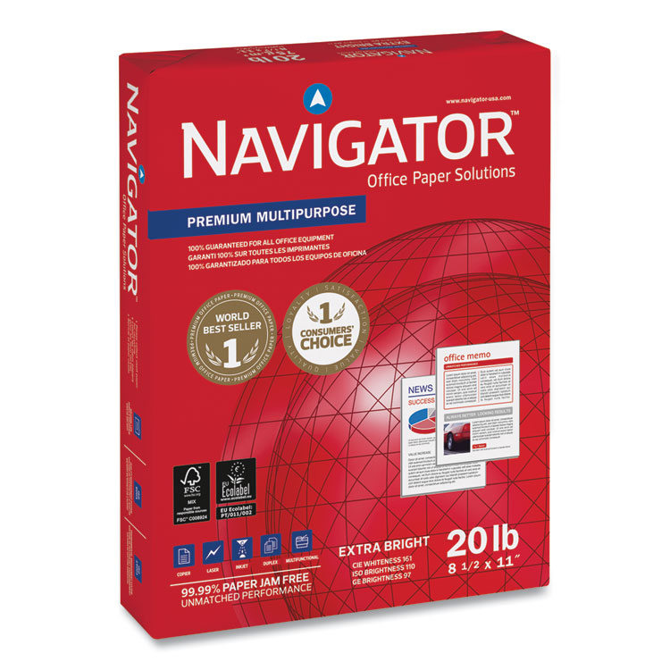 Navigator Premium Multipurpose Copy Paper, 97 Bright, 20 lb Bond Weight, 8.5 x 11, White, 500 Sheets/Ream, 5 Reams/Carton (SNANMP115R)