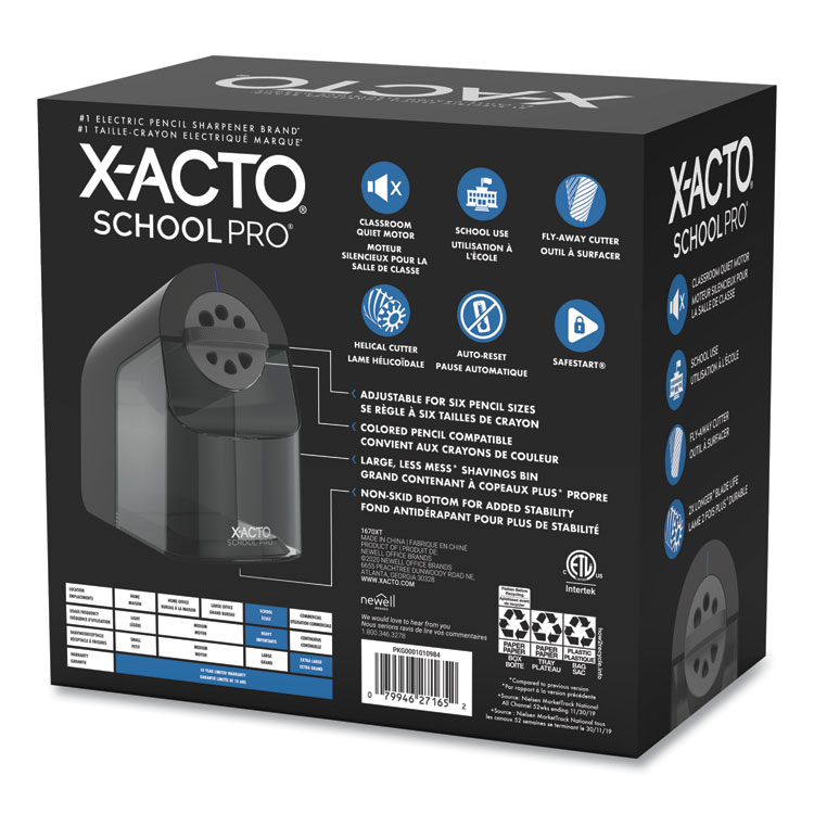 X-ACTO Model 1670 School Pro Classroom Electric Pencil Sharpener, AC-Powered, 4 x 7.5 x 7.5, Black/Gray/Smoke (EPI1670X)
