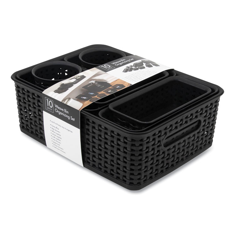 Advantus Plastic Weave Basket Bins, Assorted Sizes, Black, 10/Pack (AVT38398)