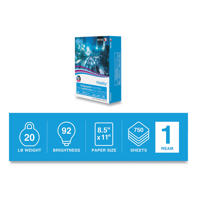 xerox Vitality Multipurpose Print Paper, 92 Bright, 20 lb Bond Weight, 8.5 x 11, White, 750 Sheets/Ream (XER3R20195)