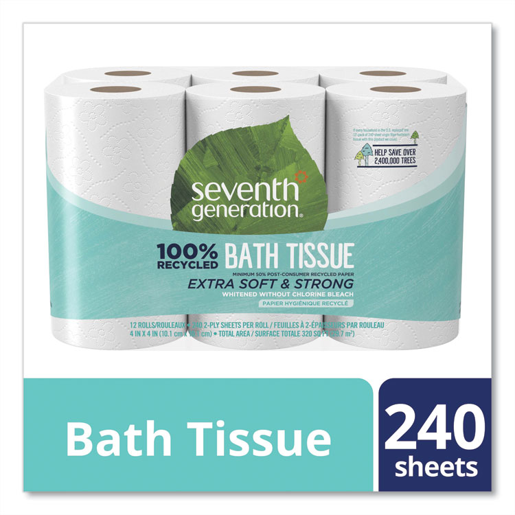 Seventh Generation 100% Recycled Bathroom Tissue, Septic Safe, 2-Ply, White, 240 Sheets/Roll, 12 Rolls/Pack, 4 Packs/Carton (SEV13733CT)