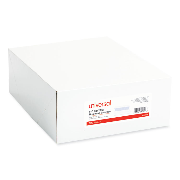 Universal Self-Seal Security Tint Business Envelope, #10, Square Flap, Self-Adhesive Closure, 4.13 x 9.5, White, 500/Box (UNV36101)