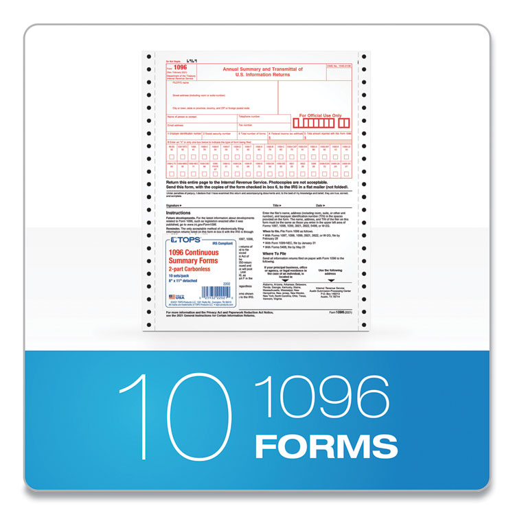 TOPS 1096 Tax Form for Dot Matrix Printers, Fiscal Year: 2023, Two-Part Carbonless, 8 x 11, 10 Forms Total (TOP2202)