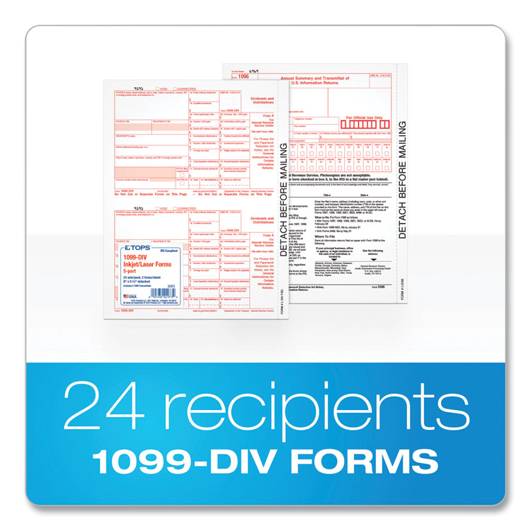 TOPS 5-Part 1099-DIV Tax Forms for Inkjet/Laser Printers, Five-Part Carbonless, 8 x 5.5, 2 Forms/Sheet, 24 Forms Total (TOP22973)