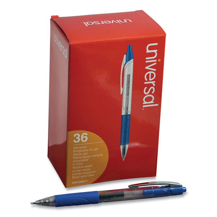 Universal Comfort Grip Gel Pen, Retractable, Medium 0.7 mm, Blue Ink, Clear/Blue Barrel, 36/Pack (UNV39911)