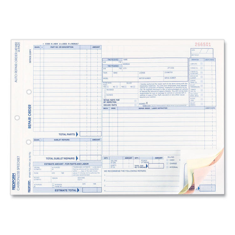 RED4P489 - Rediform Speediset Four-Part Auto Repair Form, Four-Part Carbonless, 11 x 8.5, 50 Forms Total (RED4P489) - Image 2
