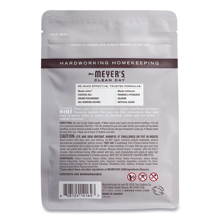 Mrs. Meyer's Automatic Dish Detergent, Lavender, 12.7 oz Pack, 20/Pack, 6 Packs/Carton (SJN306685)