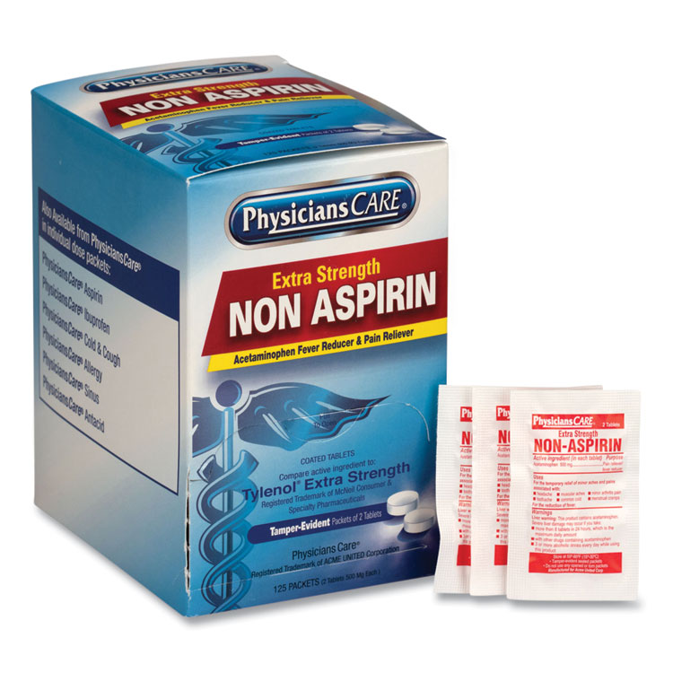 PhysiciansCare Pain Relievers/Medicines, XStrength Non-Aspirin Acetaminophen, 2/Packet, 125 Packets/Box (FAO40800)