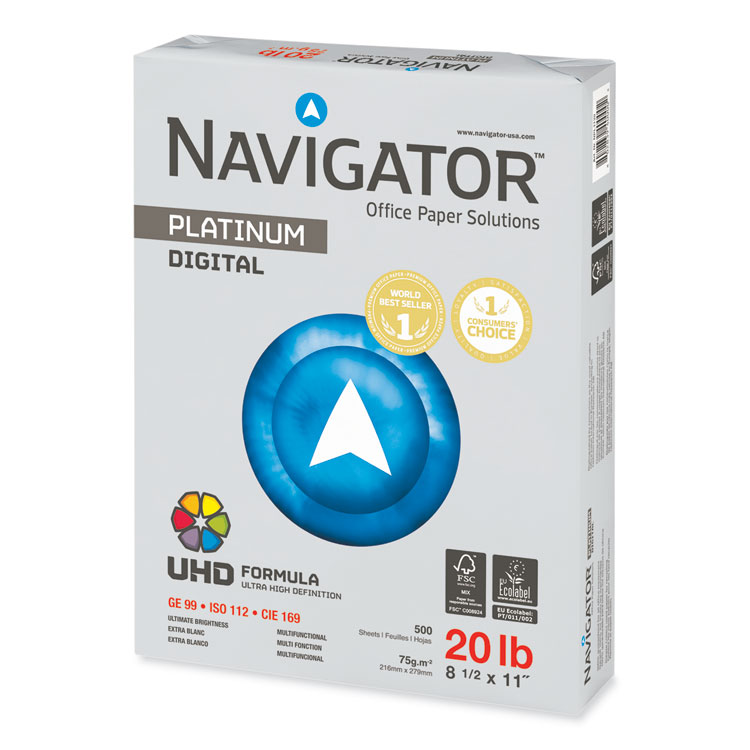 Navigator Platinum Paper, 99 Bright, 20 lb Bond Weight, 8.5 x 11, White, 500 Sheets/Ream, 10 Reams/Carton (SNANPL1120)