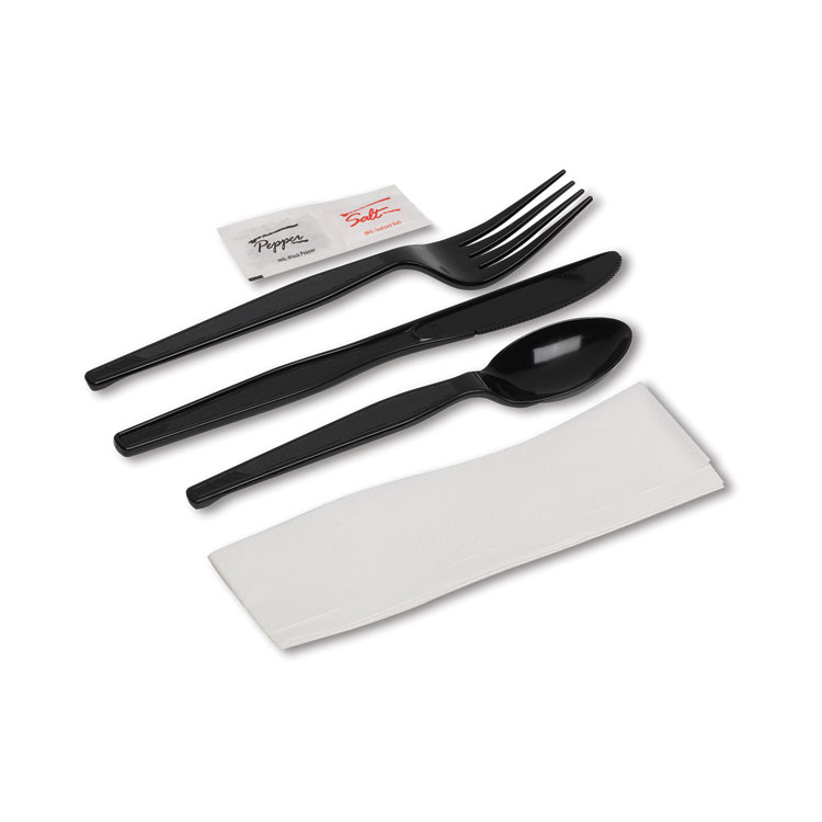 Dixie Wrapped Tableware/Napkin Packets, Fork/Knife/Spoon/Napkin, Black, 250/Carton (DXECH56NSPC7)