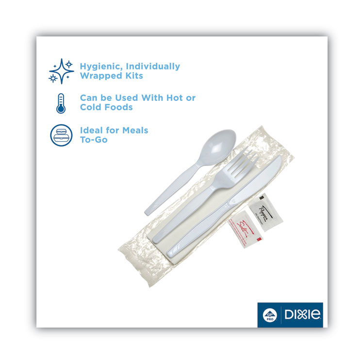 Dixie Individually Wrapped Mediumweight Polystyrene Cutlery, Knife/Fork/Teaspoon/Salt/Pepper/Napkin, White, 250/Carton (DXECM26NSPC7)