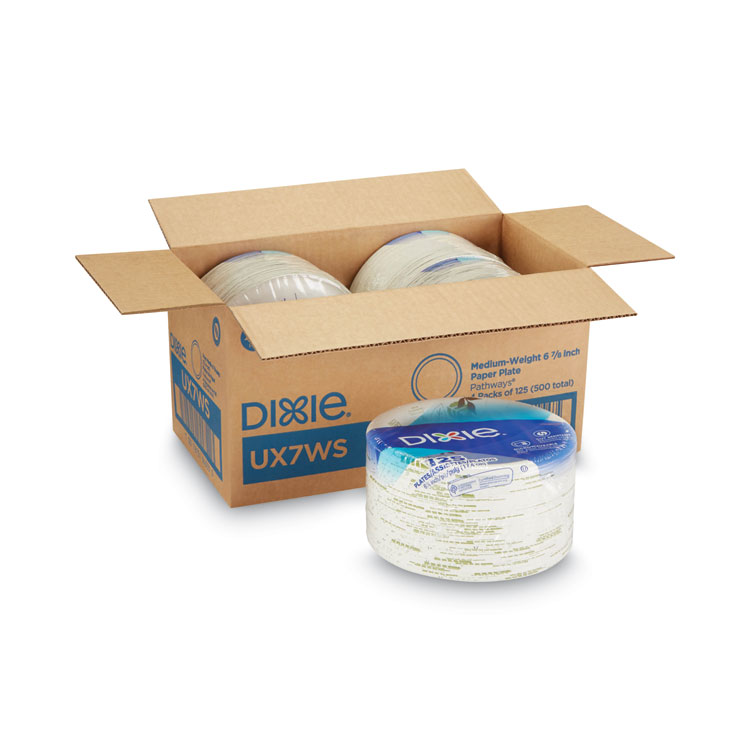 Dixie Pathways Soak-Proof Shield Mediumweight Paper Plates, WiseSize, 6.87" dia, Green/Burgundy, 500/Carton (DXEUX7WS)