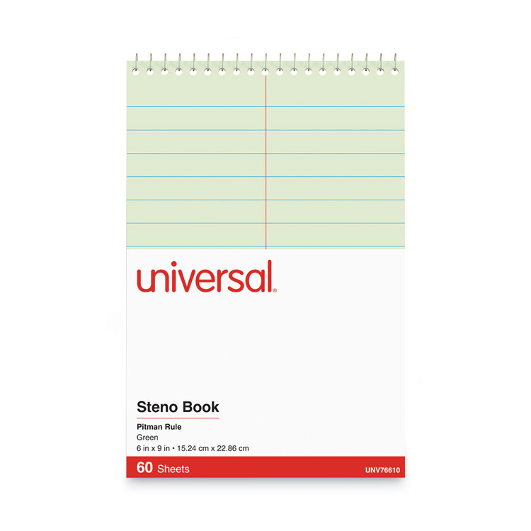 Universal Steno Pads, Pitman Rule, Red Cover, 60 Green-Tint 6 x 9 Sheets (UNV76610)