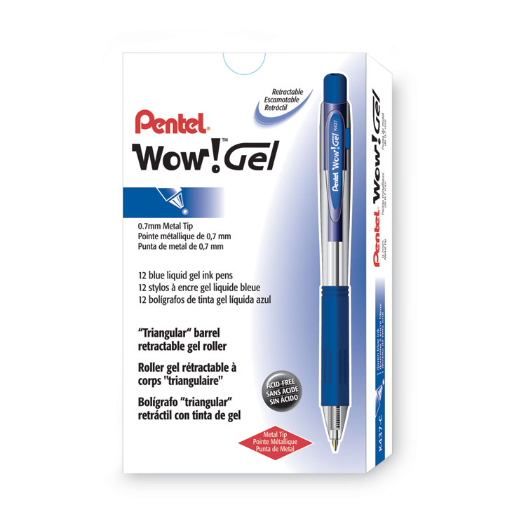 Pentel WOW! Gel Pen, Retractable, Medium 0.7 mm, Blue Ink, Clear/Blue Barrel, Dozen (PENK437C)