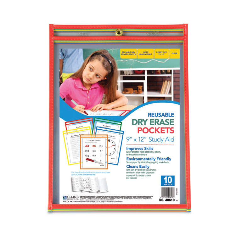 C-Line Reusable Dry Erase Pockets, 9 x 12, Assorted Primary Colors, 10/Pack (CLI40610)