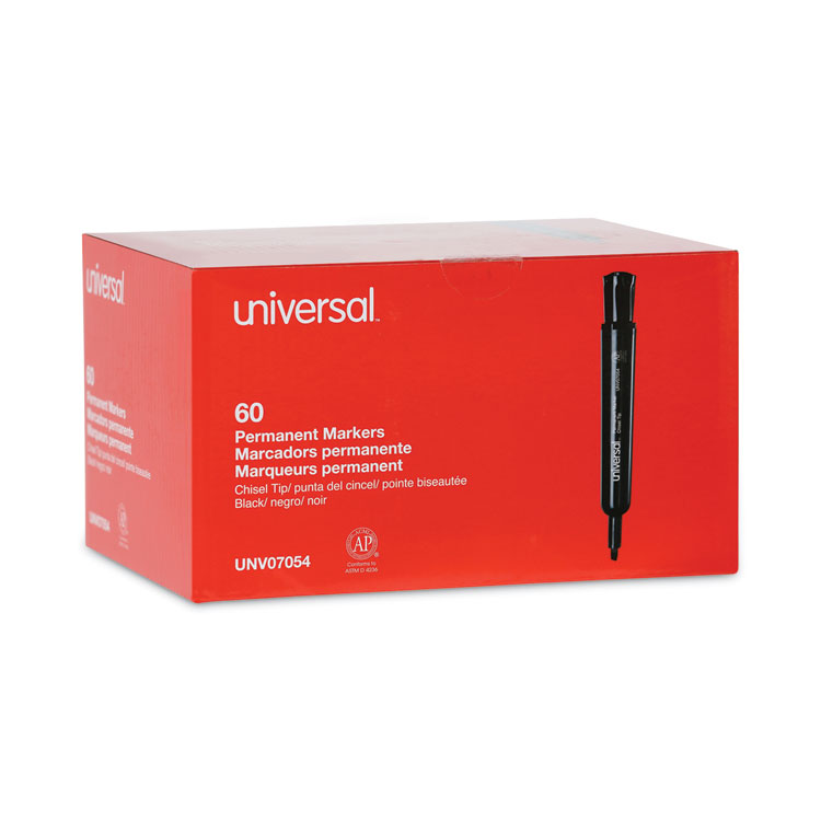 Universal Chisel Tip Permanent Marker Value Pack, Broad Chisel Tip, Black, 60/Pack (UNV07054)